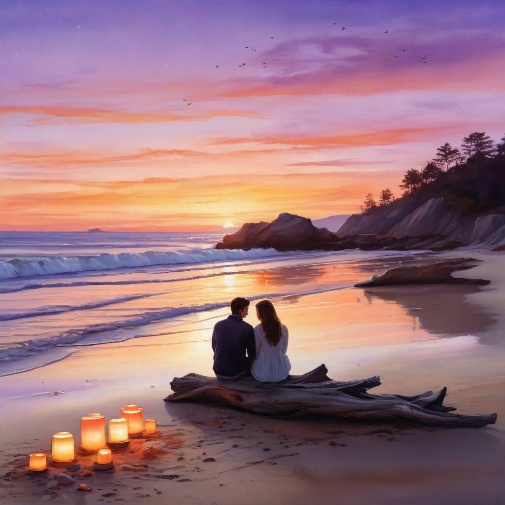A serene coastal scene at sunset with gentle waves lapping at the shore. Two silhouettes sit on the sand, deep in conversation, surrounded by softly glowing lanterns. The sky is a blend of warm oranges and purples, reflecting on the water. Shells and driftwood scattered around create a romantic atmosphere. watercolors. dreamy and ethereal.