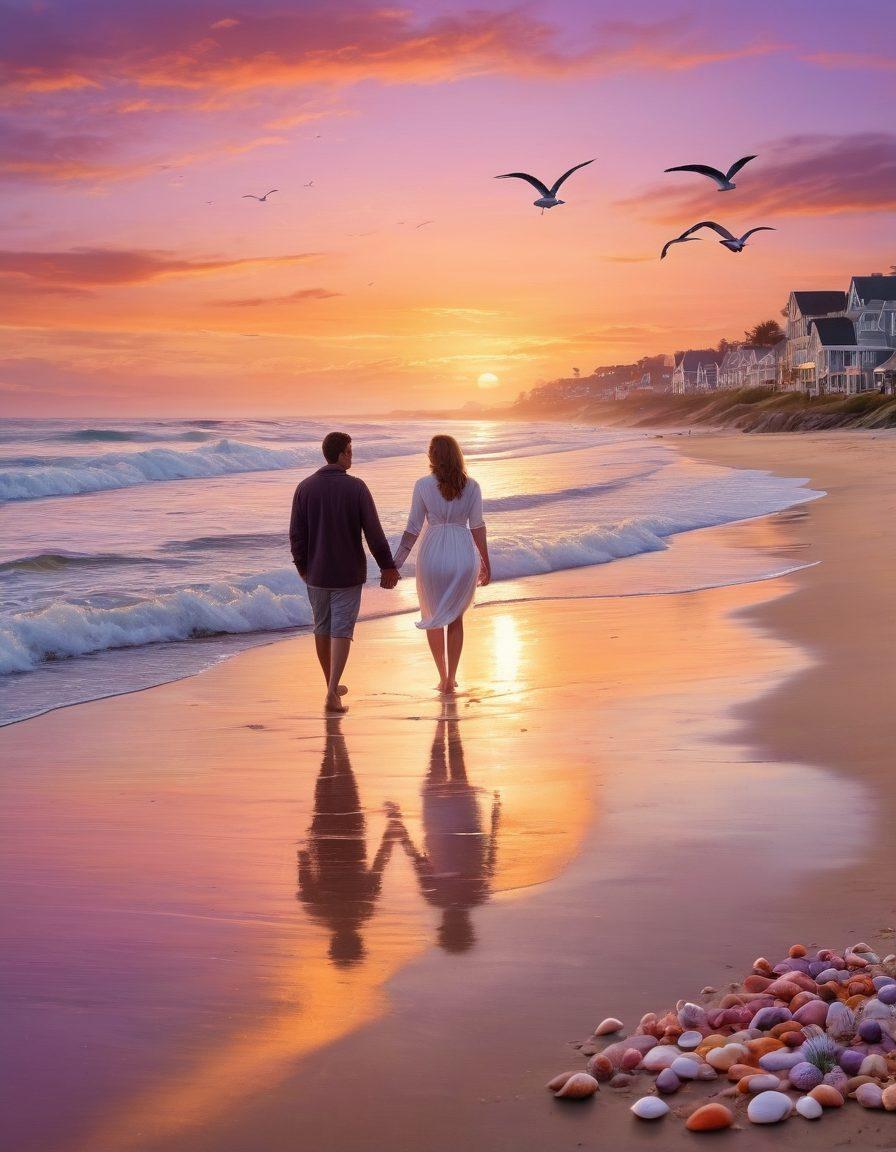A serene coastal scene featuring a couple walking hand in hand along a sandy beach, framed by gently crashing waves and colorful seashells. The sky is painted with warm sunset hues and seagulls soaring above, creating a romantic atmosphere. In the distance, a charming seaside town silhouette adds to the enchanting backdrop. super-realistic. vibrant colors. soft focus.