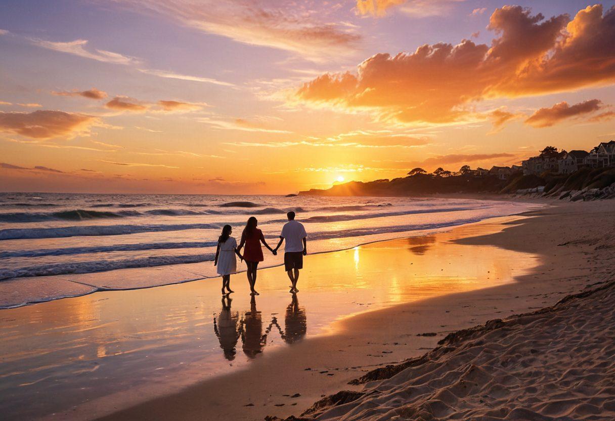 A serene seaside at sunset, with gentle waves lapping against the shore, depicting couples and families sharing heartfelt moments, such as holding hands, building sandcastles, or enjoying a picnic with a backdrop of colorful skies. Soft, warm lighting enhances the atmosphere of affection and togetherness. beach scenery. super-realistic. vibrant colors.